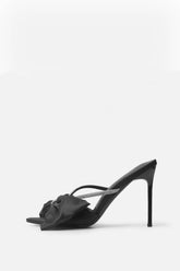 Black Satin Diamante Bow Stiletto Mules
